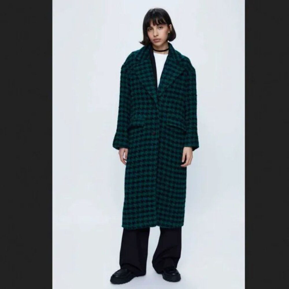 Wild Pony Green And Black Houndstooth  Long Coat